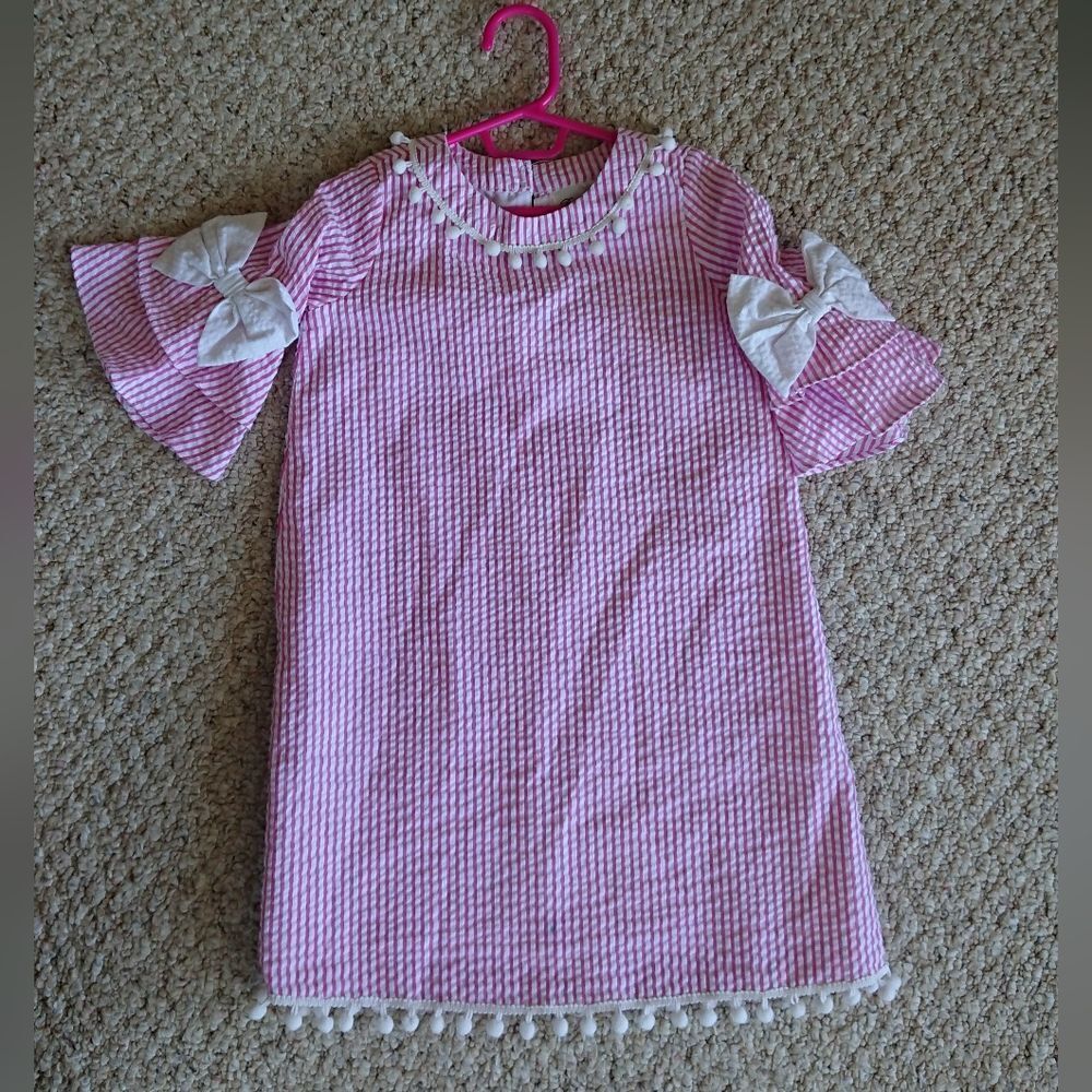 RARE EDITIONS Toddler Girls Pink & White Striped Dress with Pom Pom Trim size 5T
